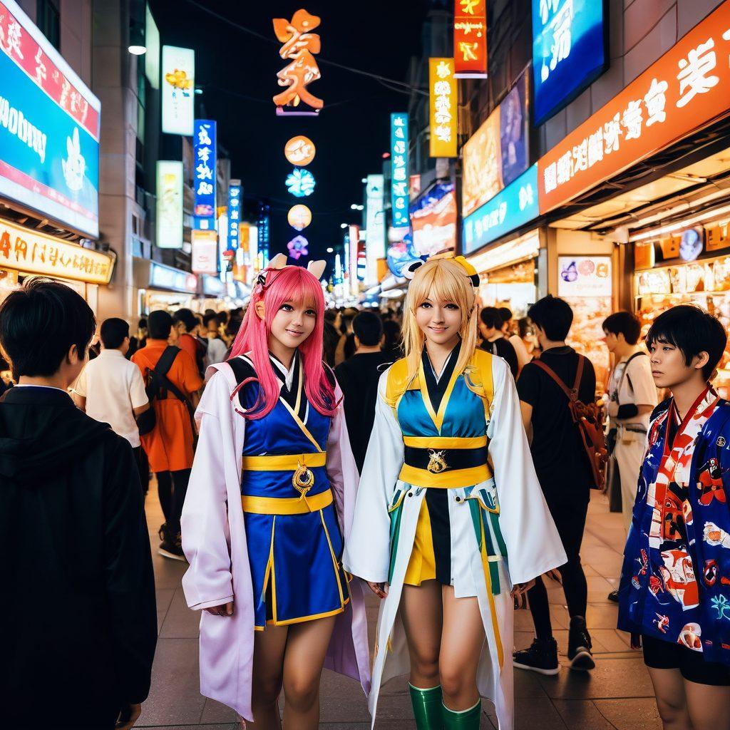 A vibrant scene depicting a bustling anime convention, filled with cosplayers dressed as iconic gaming and anime characters. The background features colorful banners and merchandise stalls, while excited fans are engaging in gameplay and discussions. Illuminated neon signs contrast against a charming night sky, creating an inviting atmosphere that celebrates otaku culture. Illustrative style. vibrant colors. dynamic composition.