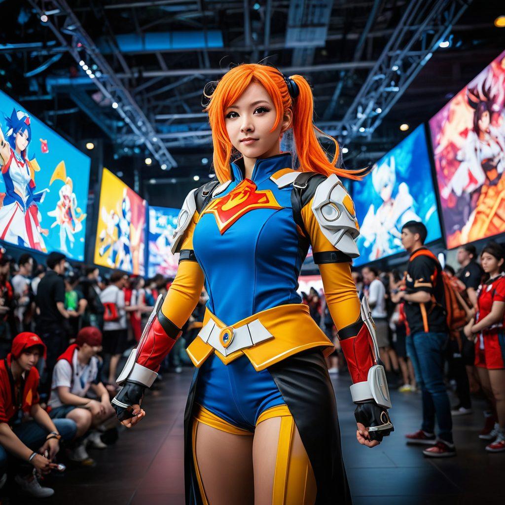 A dynamic scene featuring a diverse group of cosplayers in vibrant costumes, blending seamlessly into an action-packed E-Sports gaming arena. Include anime-themed backgrounds, colorful game graphics displayed on screens, and energetic crowd participation. Emphasize the excitement and creativity of transformation from cosplay to gaming competition. super-realistic. vibrant colors. energetic atmosphere.