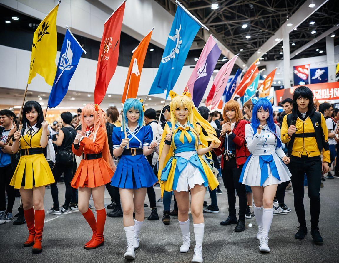 A vibrant scene depicting diverse anime and gaming fans gathered around, showcasing colorful cosplays and merchandise. Their environment features a blend of popular anime characters and gaming icons in a lively convention atmosphere, with displays of video game consoles and anime posters. Capture the energy and camaraderie among the fans, with flags and banners representing different anime shows. Use bright, engaging colors and a playful, dynamic composition. super-realistic. vibrant colors. 3D.